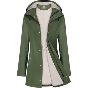 Women Green Fleece  Long Hooded Waterproof Rain Windbreaker Trench Coat Outdoor